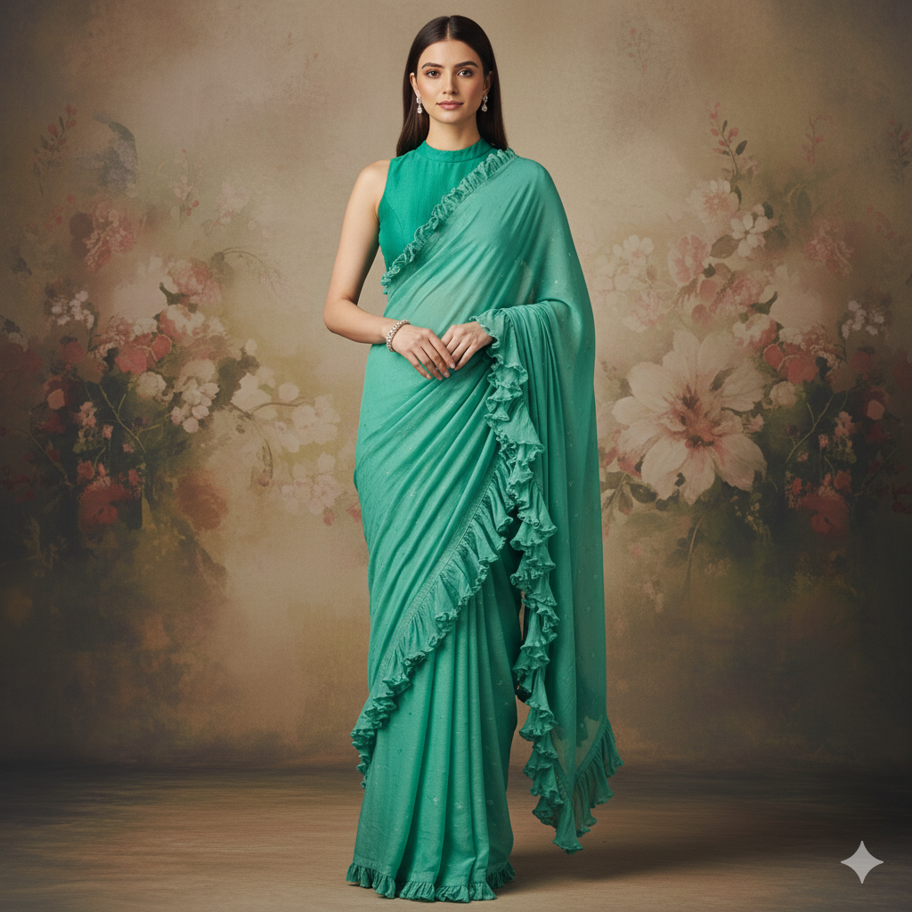 STRAP EMBROIDERED TOP WITH GREEN GEORGETTE DRAPE SAREE
